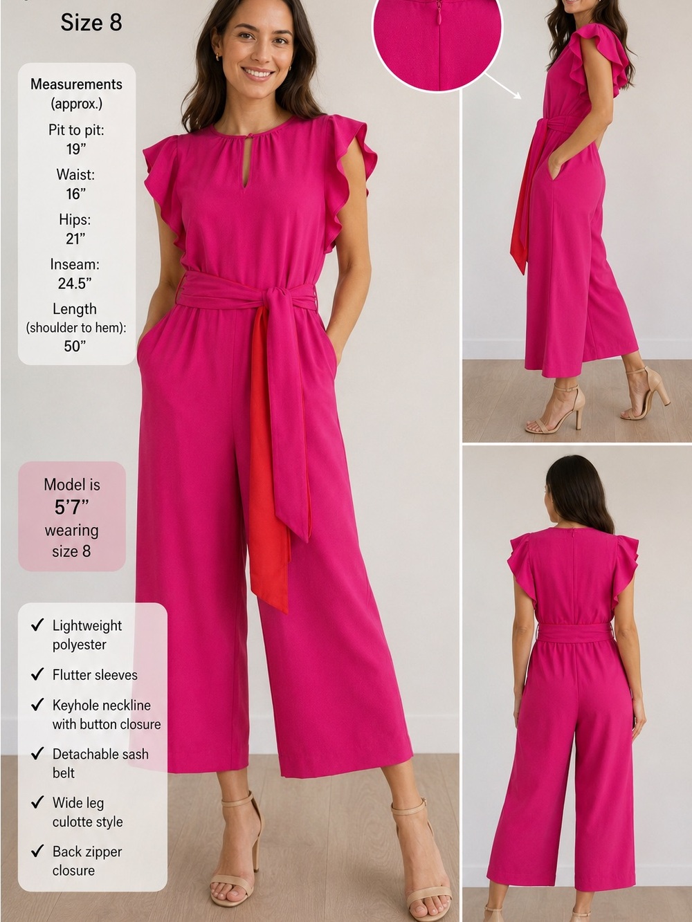 J.Crew Size 8 Fuchsia Jumpsuit Flutter Sleeve Tie Waist Culotte Pant NWOT